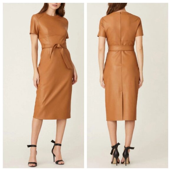 Shoshanna Rhonda Faux Leather Sheath Dress in Camel - Picture 1 of 3